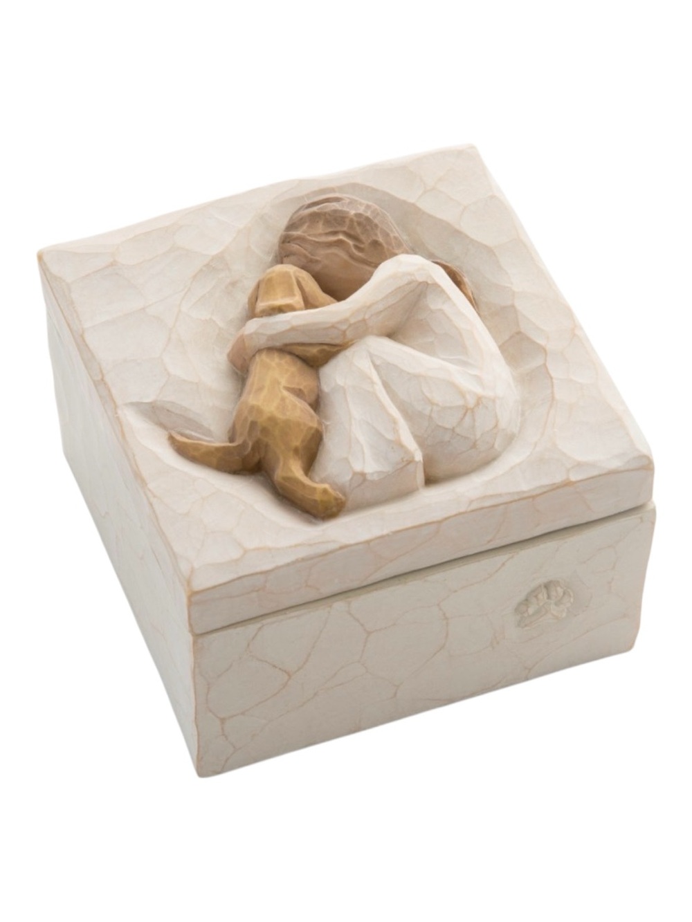 Willow Tree Cream and Tan Girl Embracing Dog Trinket Box